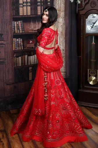 Red Mirror Work Lehenga Set