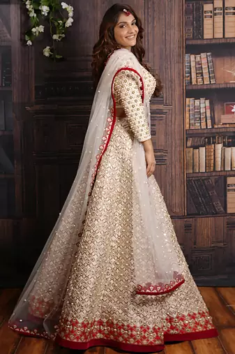 Ivory And Red Pearl Lehenga Set