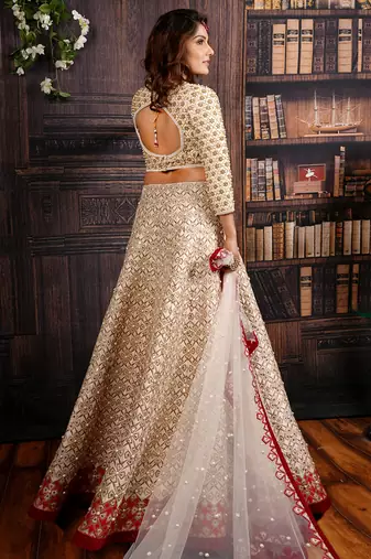 Ivory And Red Pearl Lehenga Set