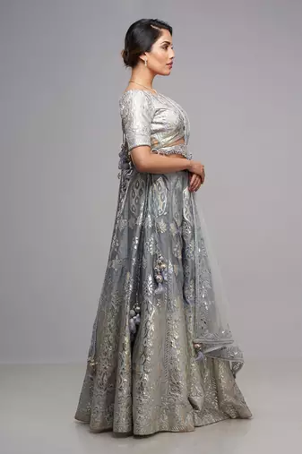 Grey And Powder Blue Lehenga Set