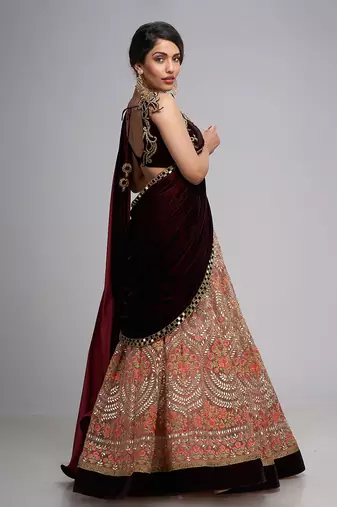 Pink And Maroon Mughal Saree   Lehenga Set