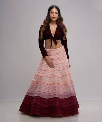Pink And Maroon Textured Ombre Lehenga Set 1