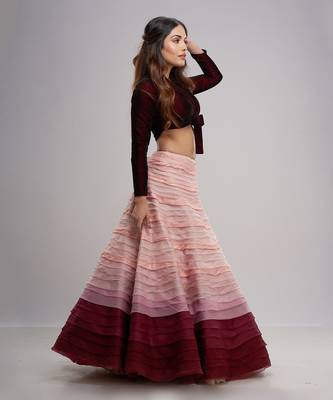 Pink And Maroon Textured Ombre Lehenga Set 2