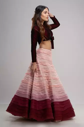 Pink And Maroon Textured Ombre Lehenga Set