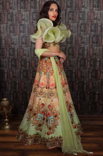 Multi Colour Floral Green Lehenga Set