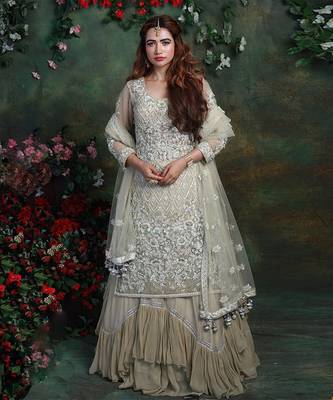 Light Olive Green Haniya Kurta Lehenga Set 1