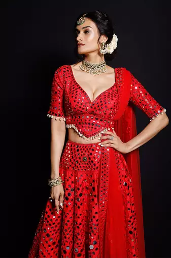 Red Shimmering Rouge Mirror Lehenga Set