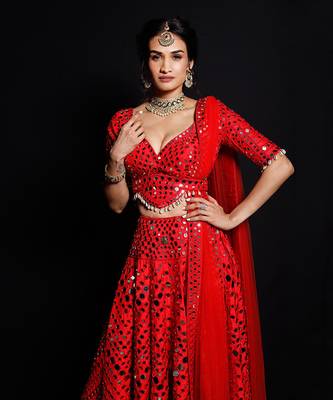 Red Shimmering Rouge Mirror Lehenga Set 3