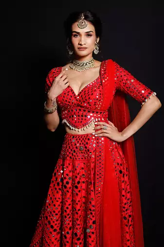 Red Shimmering Rouge Mirror Lehenga Set