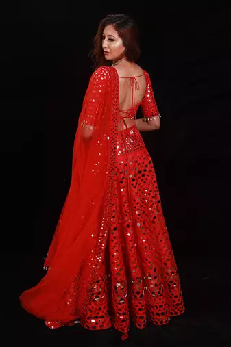 Red Shimmering Rouge Mirror Lehenga Set