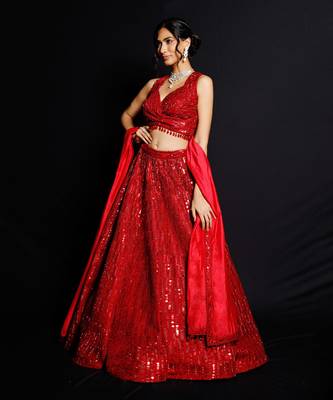 Red Shimmer Rouge Sequence Lehenga Set 1