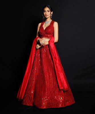Red Shimmer Rouge Sequence Lehenga Set 2