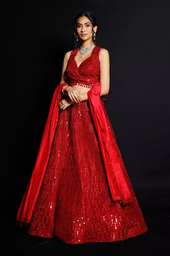 Red Shimmer Rouge Sequence Lehenga Set
