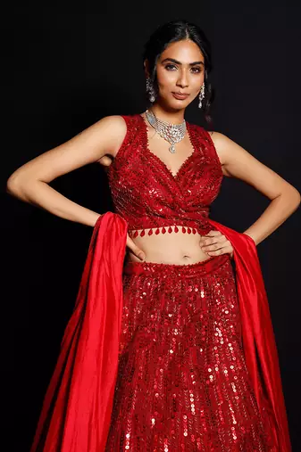 Red Shimmer Rouge Sequence Lehenga Set