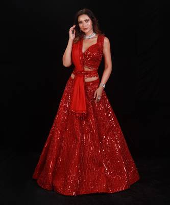 Red Shimmer Rouge Sequence Lehenga Set 4