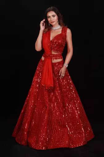 Red Shimmer Rouge Sequence Lehenga Set