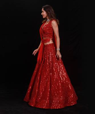 Red Shimmer Rouge Sequence Lehenga Set 5