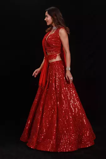 Red Shimmer Rouge Sequence Lehenga Set