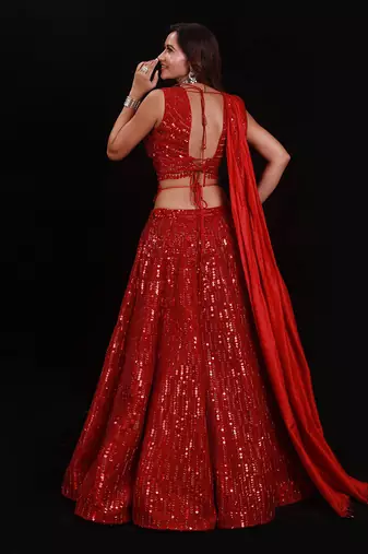 Red Shimmer Rouge Sequence Lehenga Set