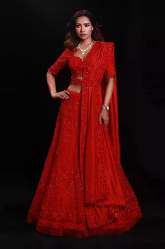 Red Organza Embroidered Lehenga Choli
