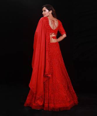 Red Organza Embroidered Lehenga Choli 4