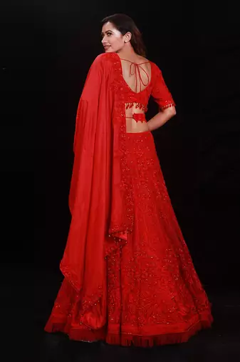 Red Organza Embroidered Lehenga Choli