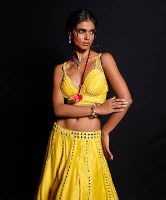 Vibrant Yellow Mirror Work Lehenga Choli with Pom-Pom Detailing 2