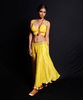 Vibrant Yellow Mirror Work Lehenga Choli with Pom-Pom Detailing 3