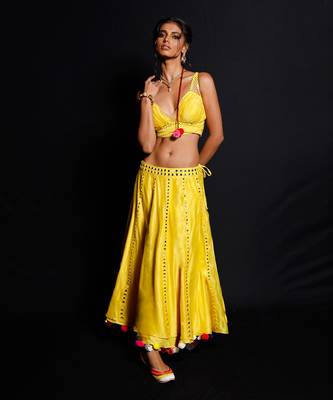 Vibrant Yellow Mirror Work Lehenga Choli with Pom-Pom Detailing 1