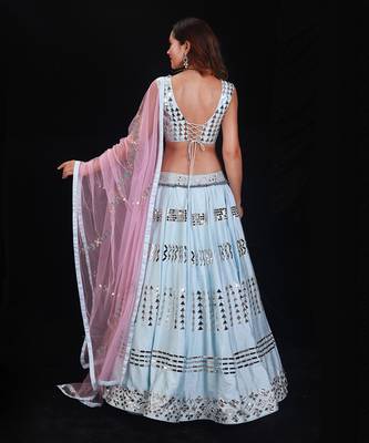 Blue Raw Silk Mirror Embroidered Lehenga Choli Set 3