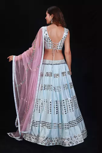 Blue Raw Silk Mirror Embroidered Lehenga Choli Set