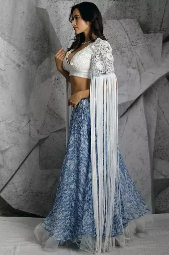Blue Statement Fringe Lehenga Set