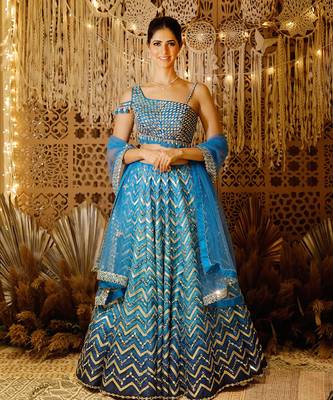 Blue Chevron Mirror Lehenga Set 1