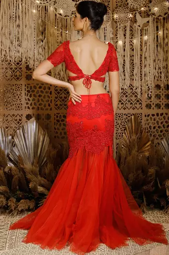 Red Contemporary Lace Lehenga Set