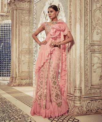 Powder Pink Ruffle Saree 1