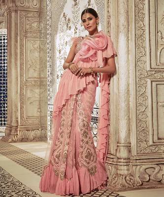 Powder Pink Ruffle Saree 2
