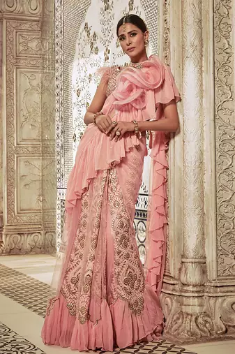 Powder Pink Ruffle Saree