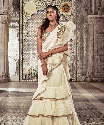 Ivory Ruffle Saree 2