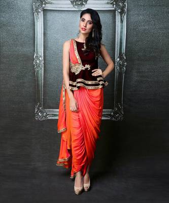 Orange And Marron Peplum Drape Saree 1