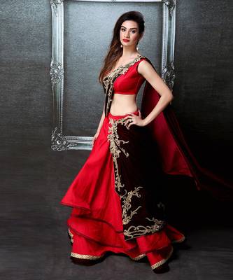 Red And Maroon Layered Saree Lehenga Set 1