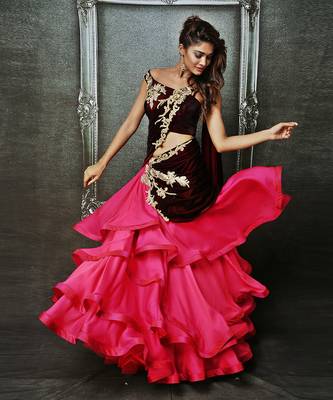 Pink And Maroon Chiffon Saree Lehenga Set 1