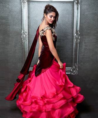 Pink And Maroon Chiffon Saree Lehenga Set 2