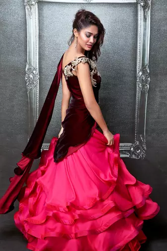 Pink And Maroon Chiffon Saree Lehenga Set