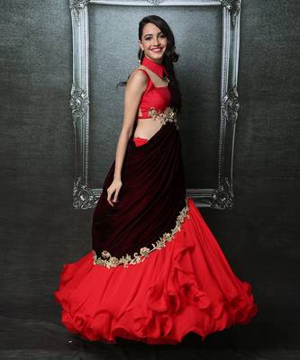 Red And Maroon Ruffle Saree Lehenga Set 1