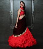 Red And Maroon Ruffle Saree Lehenga Set