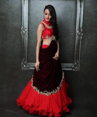 Red And Maroon Ruffle Saree Lehenga Set 2