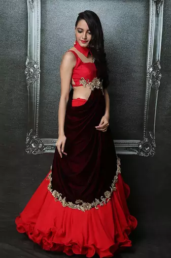 Red And Maroon Ruffle Saree Lehenga Set