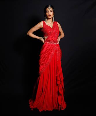Red Shimmering Rouge Drape Saree 1