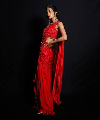 Red Shimmering Rouge Drape Saree 2