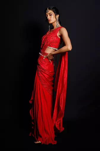 Red Shimmering Rouge Drape Saree